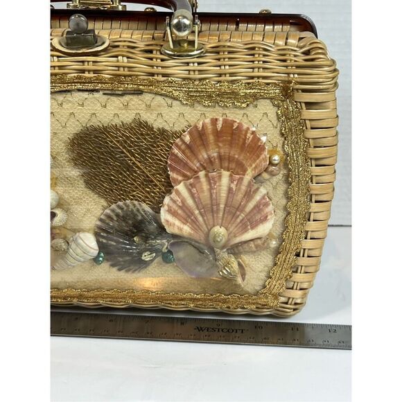 Vintage Atlas Sea Shell Tan Straw Woven Wicker PURSE Pearls Women HANDBAG BAG - Picture 10 of 13